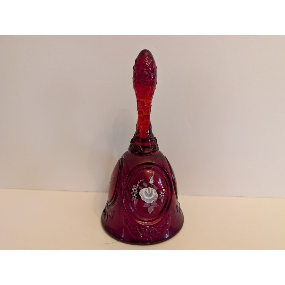 Vintage Fenton  Ruby Red Glass Bell HandPainted White Rose Design Floral Details